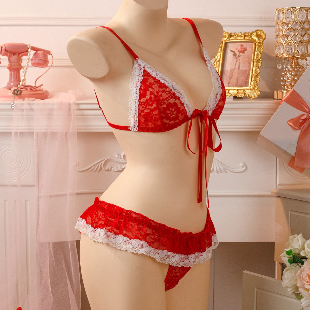 Image of New European and American erotic lingerie lace sexy thong set bow erotic pajamas couple fun lingerie